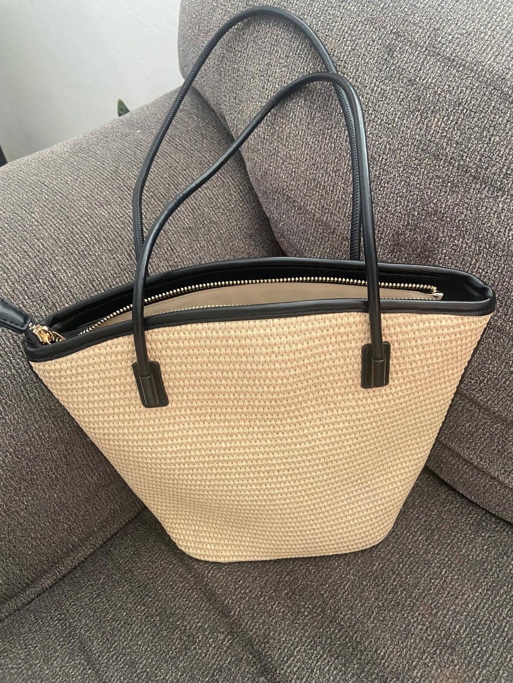 Neutral Woven Tote Bag with Black Trim